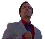 A man in a flamboyant suit (Saul Goodman) with his hand on his chest